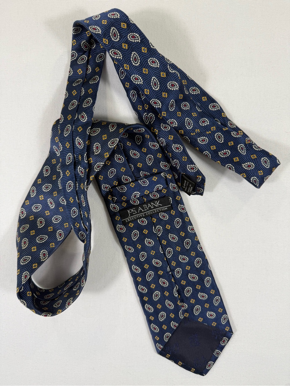 Jos. A. Bank Navy Silk Tie with Gold and Red Paisley Motif